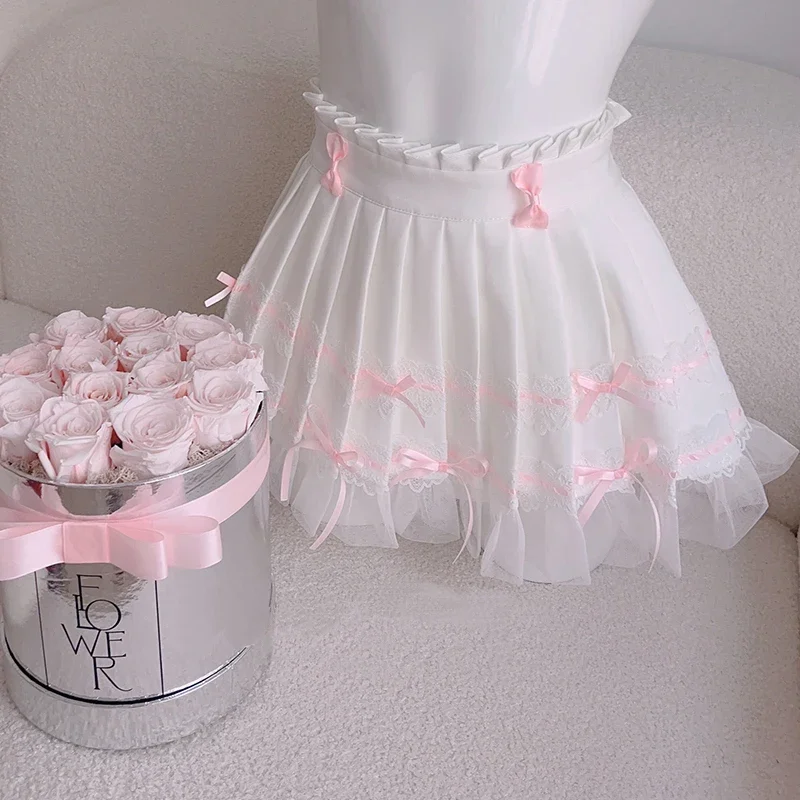 Lolita Style Sets Women Cute Lace Trim Cropped Bow Decoration Mini Pleated Skirts 2 Piece Sets for Sweet Girl Kawaii Clothes