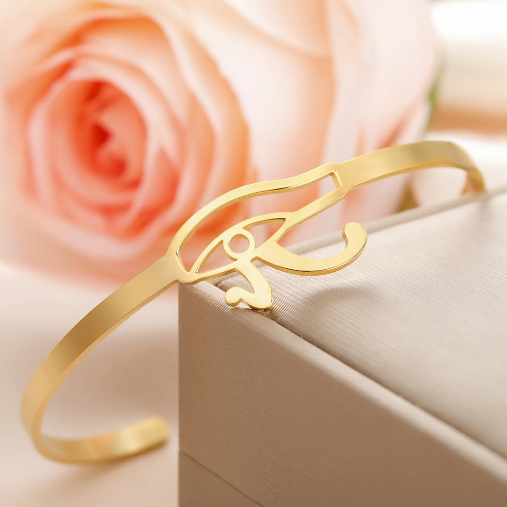 Stainless Steel Women Cuff Bangle Adjustable Eye of Horus Bracelet Ancient Egyptian Protection Amulet Jewelry