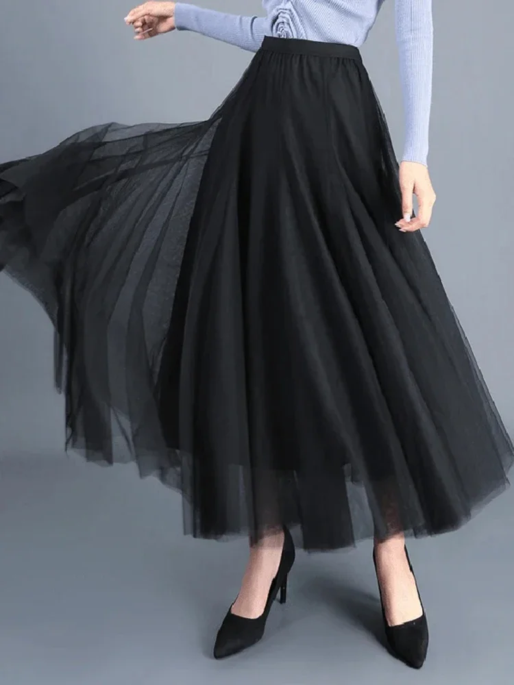 Korean Retro 3 Layer Princess Casual Women's Solid Color Half Skirt Sweet and Thin Gauze Mesh Pleated Skirt Summer and Autumn