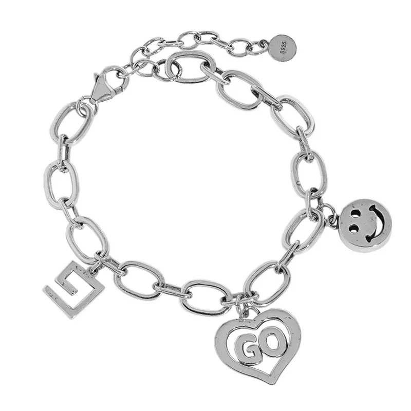 

Korean version of the INS Niche Design 925 heart-shaped GO letters smile number 9 thick chain sterling silver bracelet woman