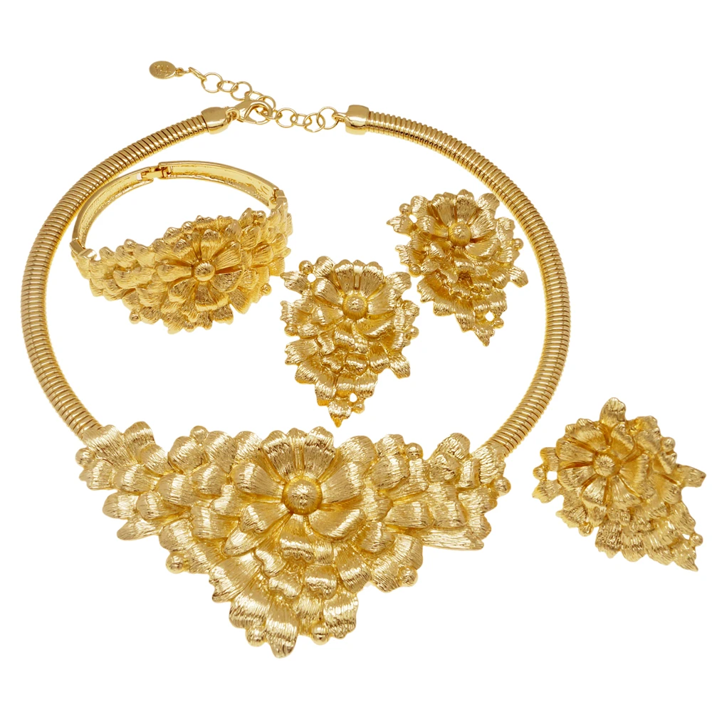 Women Gold Plated Jewelry Original Women Big Bud Necklace Jewelry Set Dubai Fashion Earrings Rings Wedding Accessories - 3