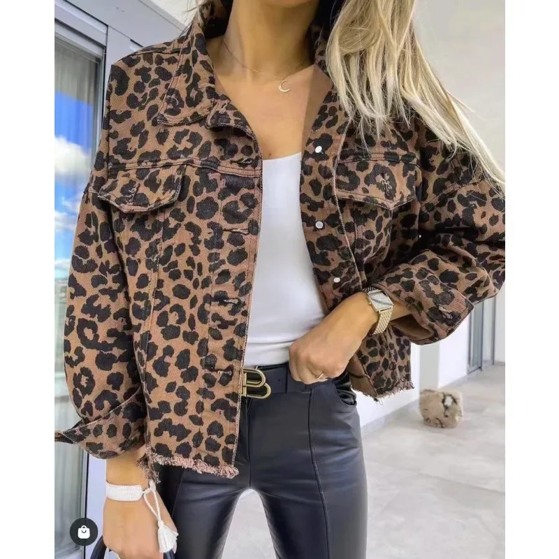 Fashionable and Trendy 2023 Spring Leopard Denim Coat for Women New European and American Style 2
