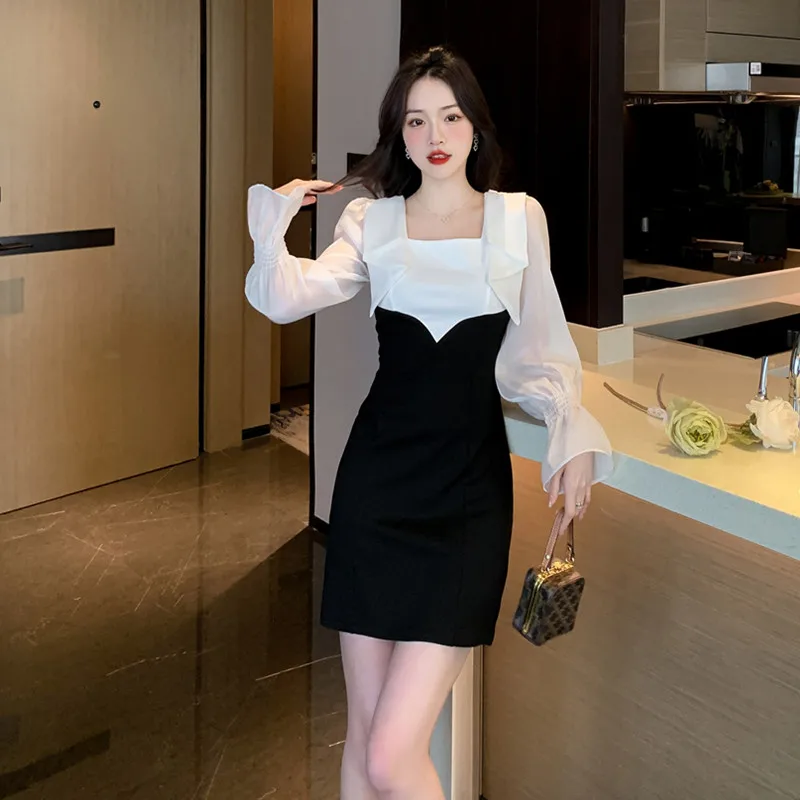 

2023 New Fall Women's Clothing Fashion Slim Fit Patchwork Slimming Elegant Black and White Dress
