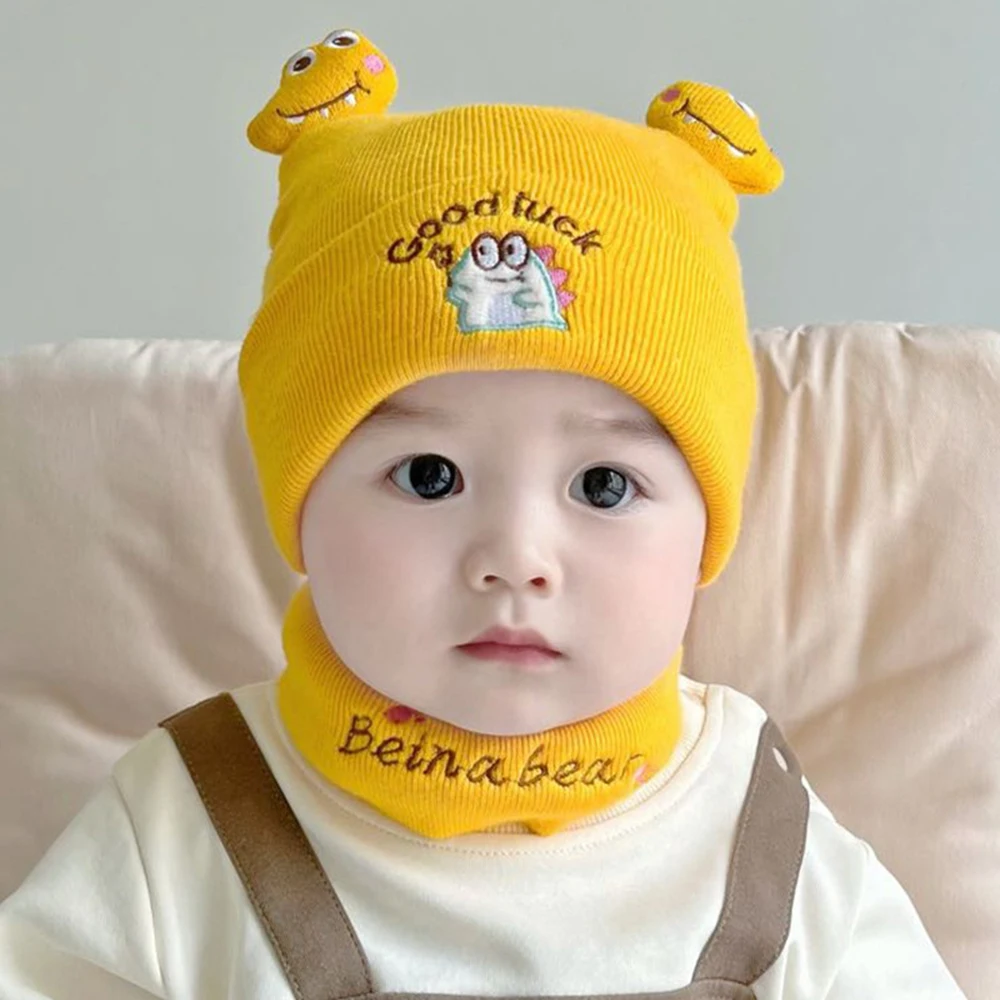 Good Luck Dinosaur Beanies Autumn Winter Boys Girls Baby Hat Cute Wool Knitted Hats Infant Cute Outdoor Windproof Scarf Set