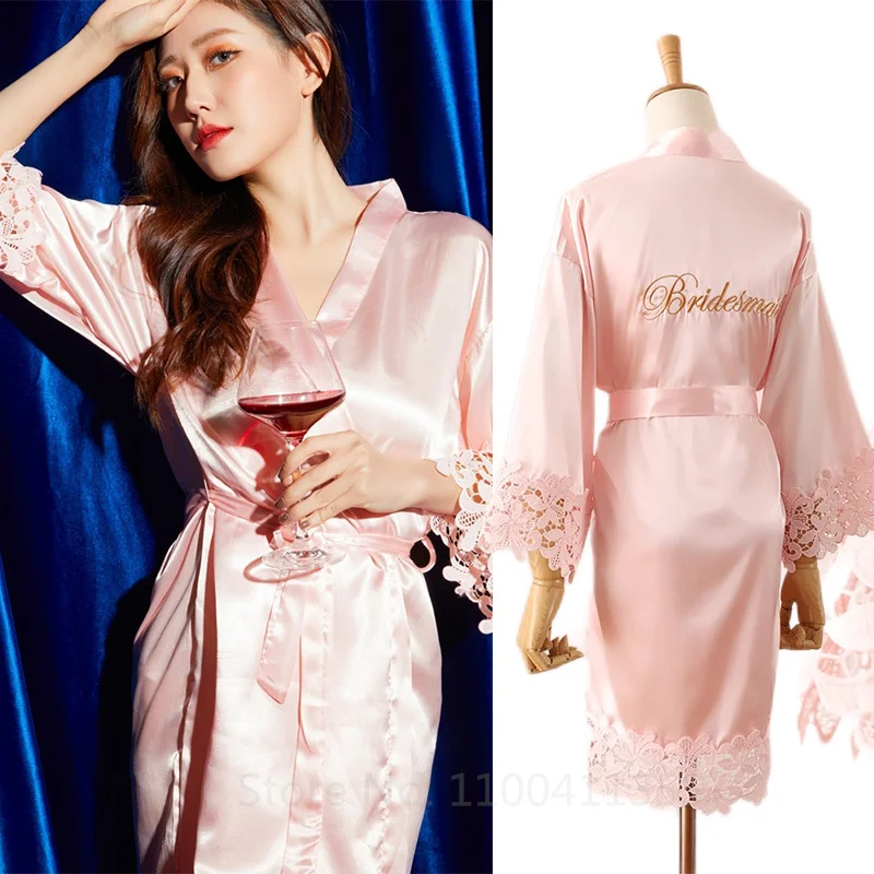 Women Summer Lace Sleepwear Bride&Bridemaid Wedding Robe Gown Solid Embroidery Kimono Bathrobe Casual Home Night Dress M L Xl women sleepwear bride robes silk robe