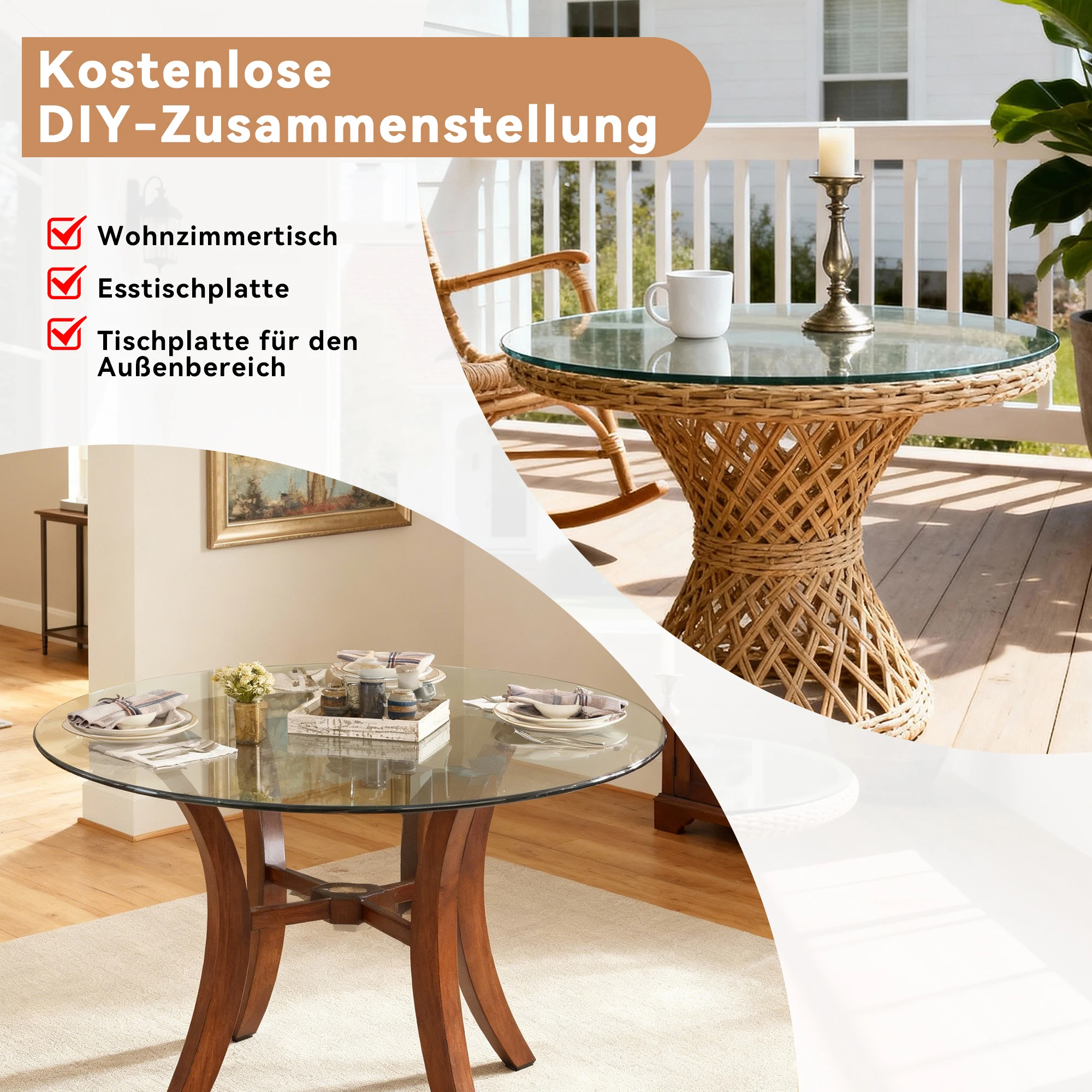 Separate runde Tischplatte aus gehärtetem Glas – 61 cm Durchmesser, 0,6 cm dick, langlebig und platzsparend. Keine Montage erforderlich. – Detail 9