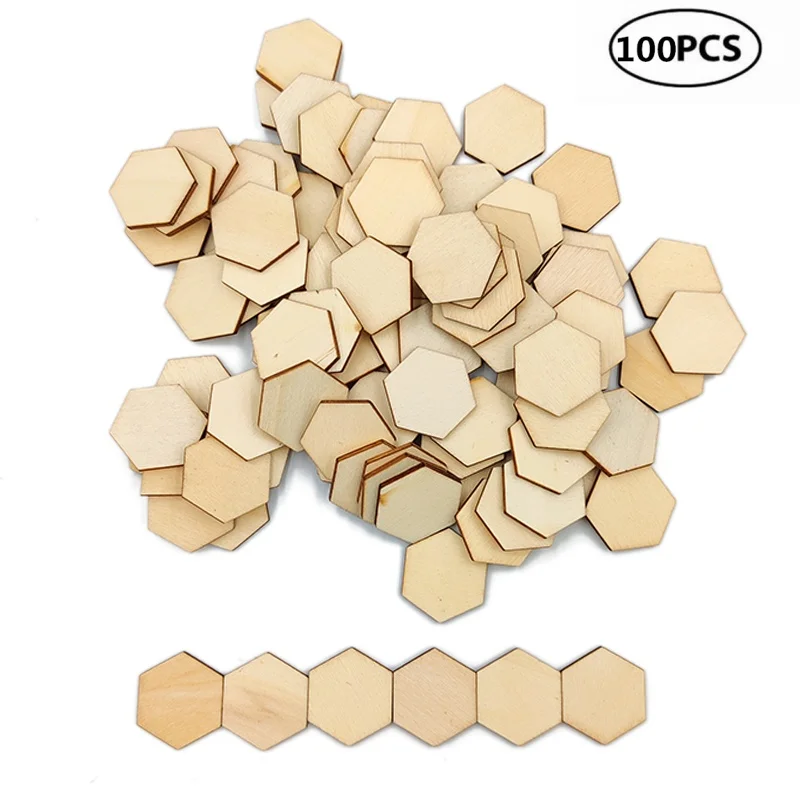 100개 20mm 육각형 미완성 나무 조각, 나무 슬라이스, 나무 칩, DIY 공예 ..