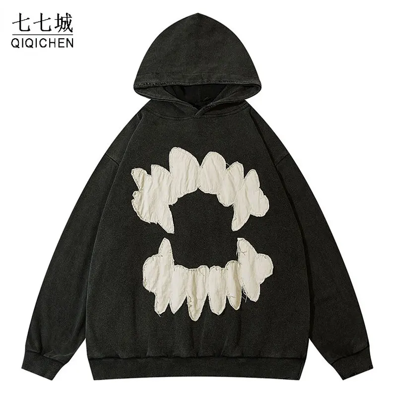 

Винтажная толстовка с капюшоном, мужской свитшот в стиле хип-хоп с рваной вышивкой зубов, Повседневный пуловер с капюшоном, Весенняя уличная одежда оверсайз для пар