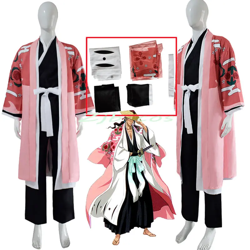 

Kyoraku Shunsui Cosplay Anime Bleach Costume Thousand-Year Blood War Pink Kimono Black Shinigami Attire Outfit Cloak Set