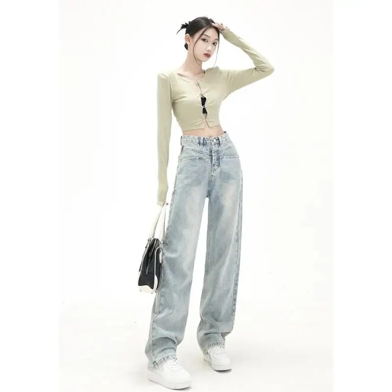 여성용 하이 웨이스트 스트리트웨어 연청 데님 바지, 스트레이트 청바지, 넓은 다리, 느슨한 청바지, 2024