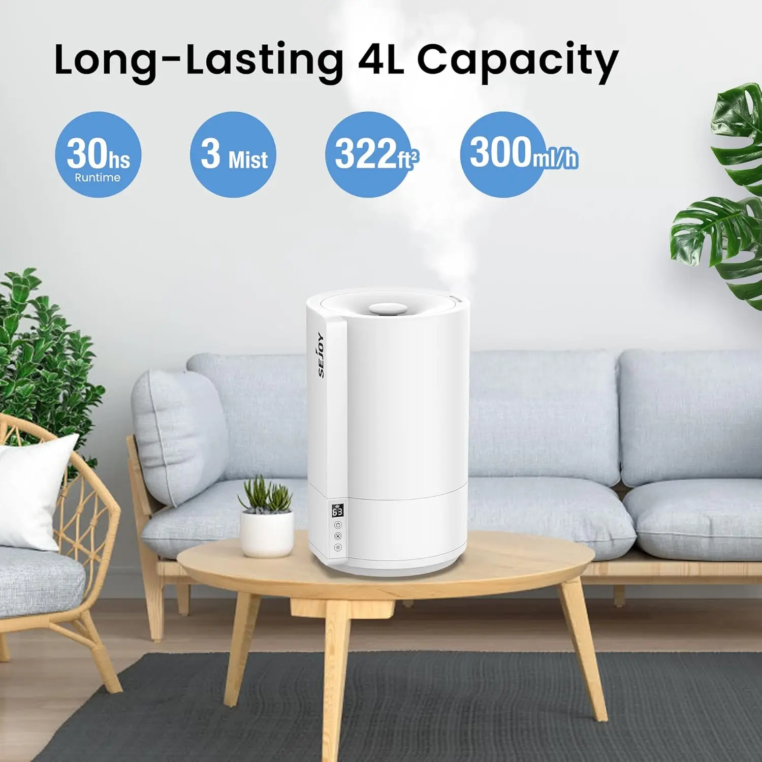 SEJOY Humidifiers for Bedroom Large Room Ultrasonic Air Humidifier for Baby Plant 4L Top Fill Smart Constant Humidity 6