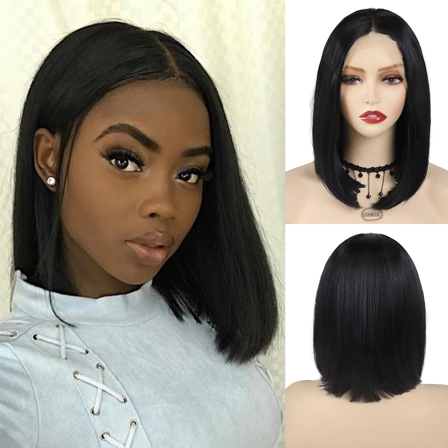 

GNIMEGIL Synthetic Lace Front Wigs for Women Short Hair 14 inch Natural Bob Cut Black Female Wig Frontal Lace Straight Hairstyle