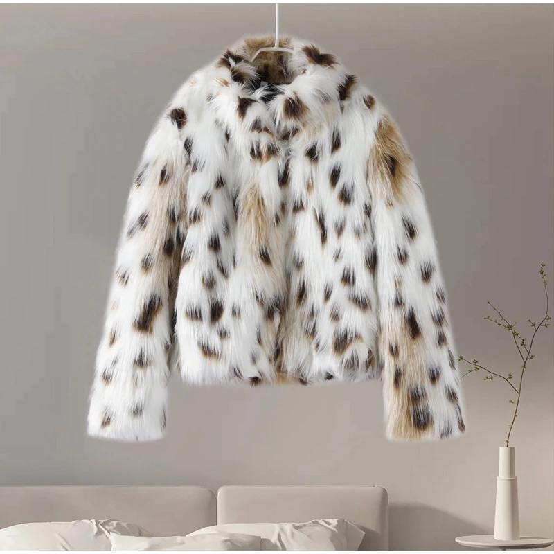 Leopard Print Faux Fur Short Coat Women Fashion Puff Plush Lapel Loose Button Jacket Female Winter Thick Warm Outerwear