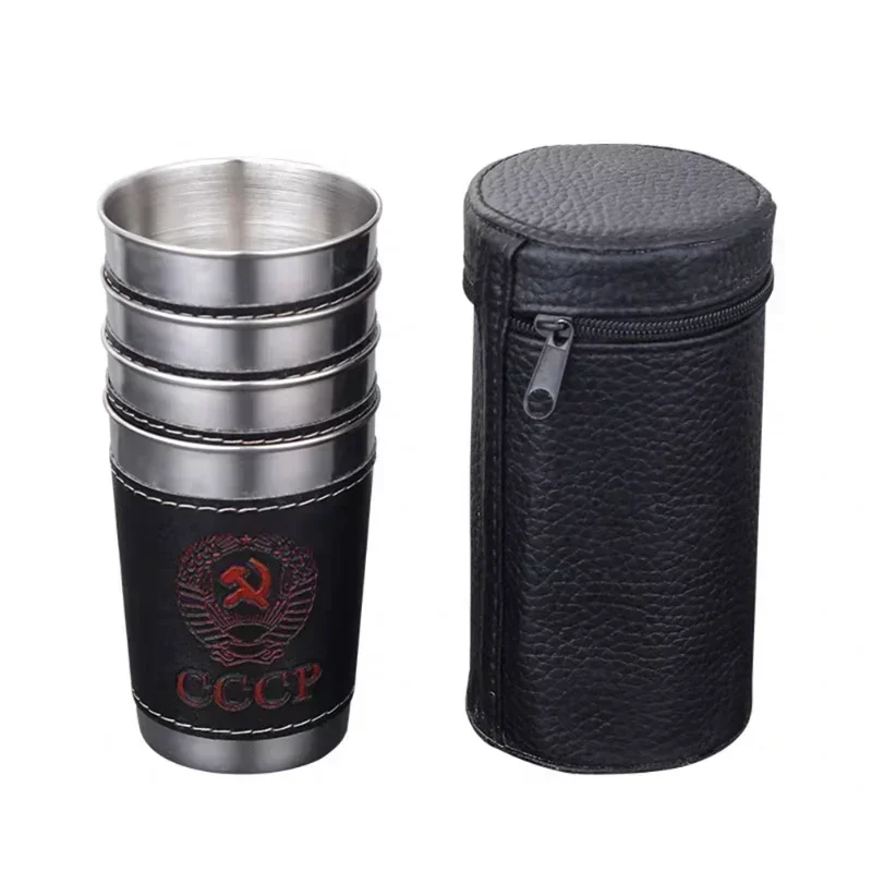 Shot Glasses 4pcs Vodka Cup 304 PU Holster Russia Stainless Steel Mini Wine Tumbler 30ml Shot Glass Set Outdoor Product