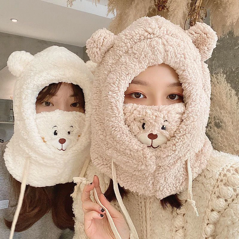 

New Cute Bear Hat Female Autumn And Winter Korean Version Of Windproof Warm Ear Protection Mask Neck One Plush Hat