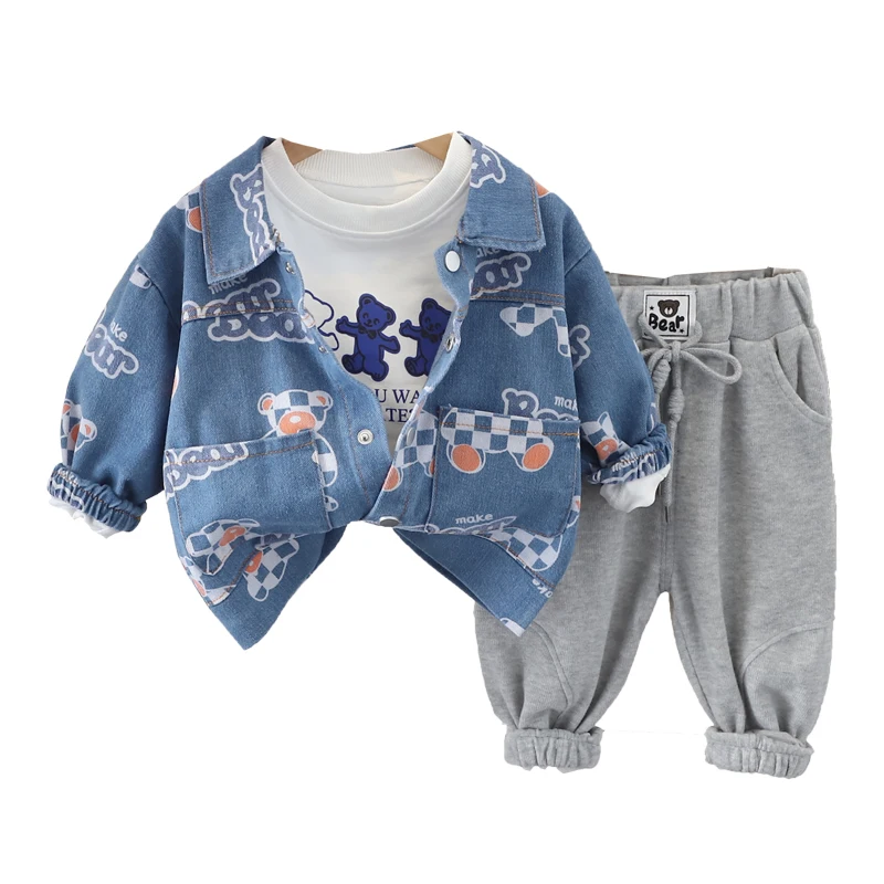 

Kids Clothing Sets for Baby Boys Clothes Outfits 2022 Autumn Infant Cartoon Bear Denim Jacket T Shirt Pants Children Tracksuit