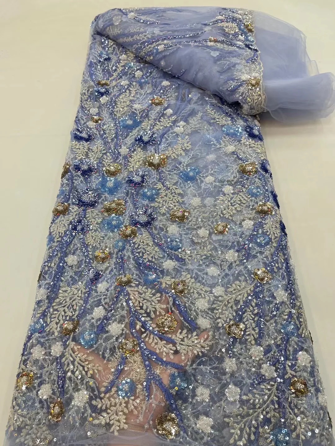 

Luxurious Classic Design Multicolor Handmade Bead Tube Embroidered Tulle Lace Fabric For Nigerian Sewing DIY Wedding Party Dress