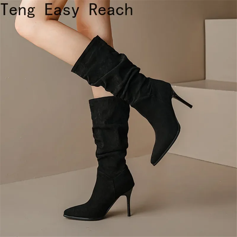 

New Women' Boots Pleated Sexy Square Head High Heels Long Boots 2022 Autumn Winter Fashion Work Boots Female Party Shoes Suede