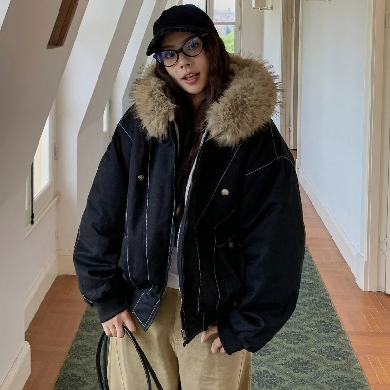 Fur Collar Hooded Parkas Y2k Harajuku Thicken Padded Jackets Casual Zipper Gothic Women&Men Winter Coats Streetwear кур
