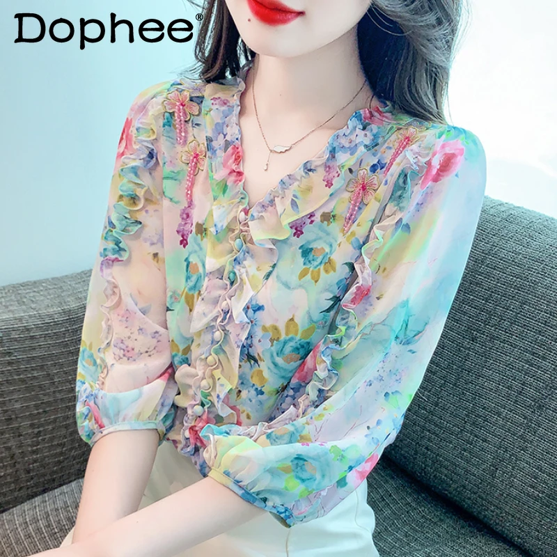 

Floral Chiffon 3/4 Sleeves Blouse Women's Clothing Summer Fall 2024 New Beautiful Design Sense Shirt Ruffled V Necl Flower Blusa