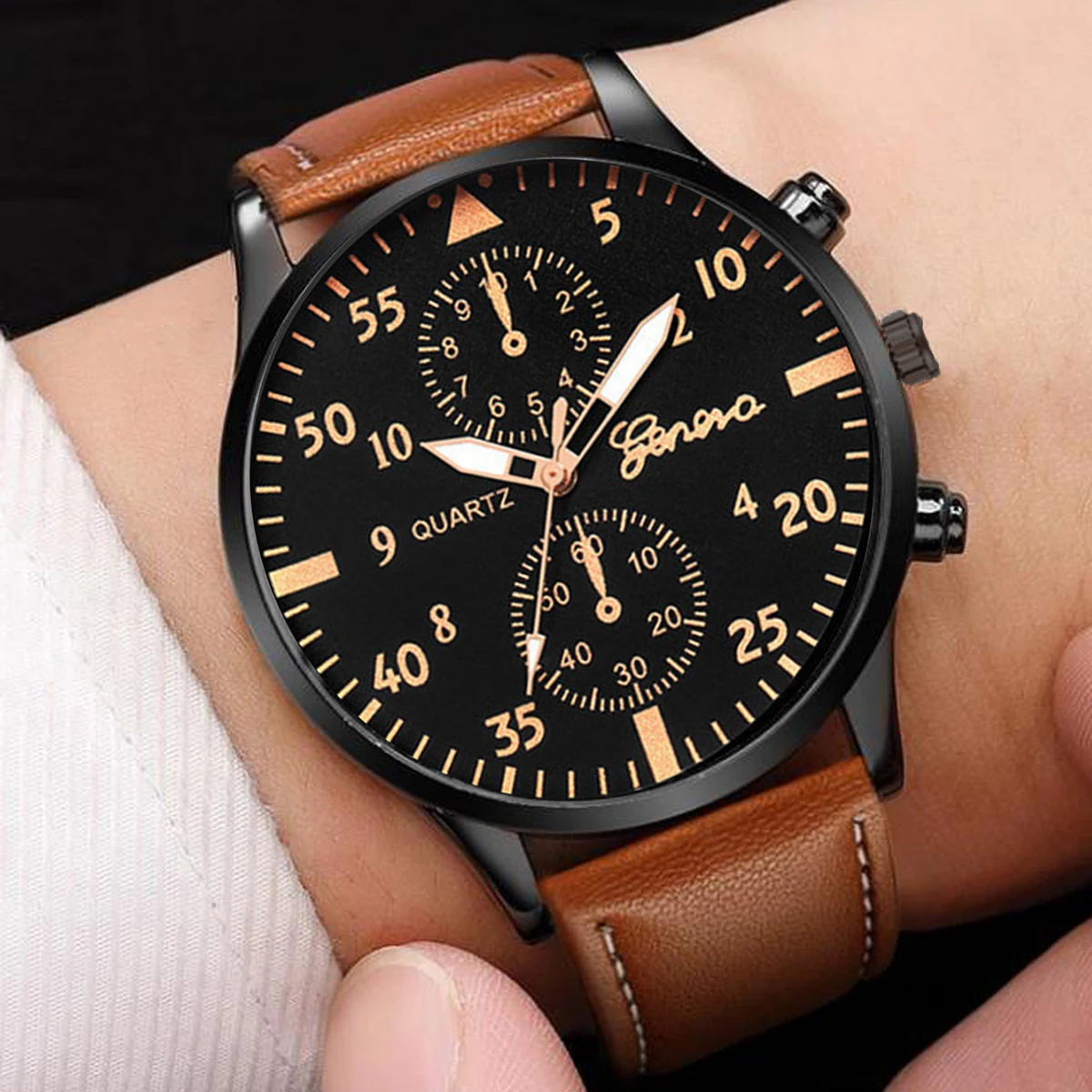 4Pcs Luxury Bracelet Fashion Business Brown Leather Quartz Watch Men's Gift Set