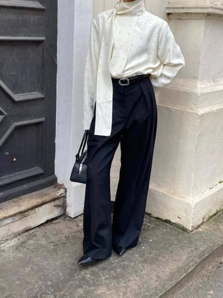 Satin Scarf Neck Polka Dot Printing Women Blouse Fashion Full Sleeve Loose Basic Shirt Lady Autumn New Highstreet Commute Wear