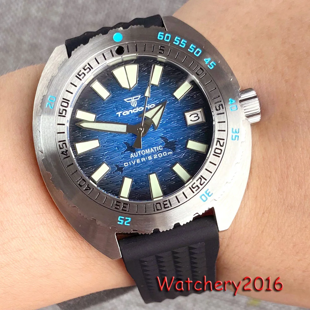 

Tandorio 42mm 20ATM Waterproof Watch For Men Blue Dial Rotating Bezel Sapphire Glass Dome Sapphire Crystal Rubber Strap