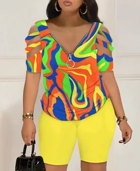 2025 Fashion Sexy Out T Shirt And Shorts 2 Piece Sets Women Outfit Summer Casual Loose Print T Shirts Two Piece Set For Women 5