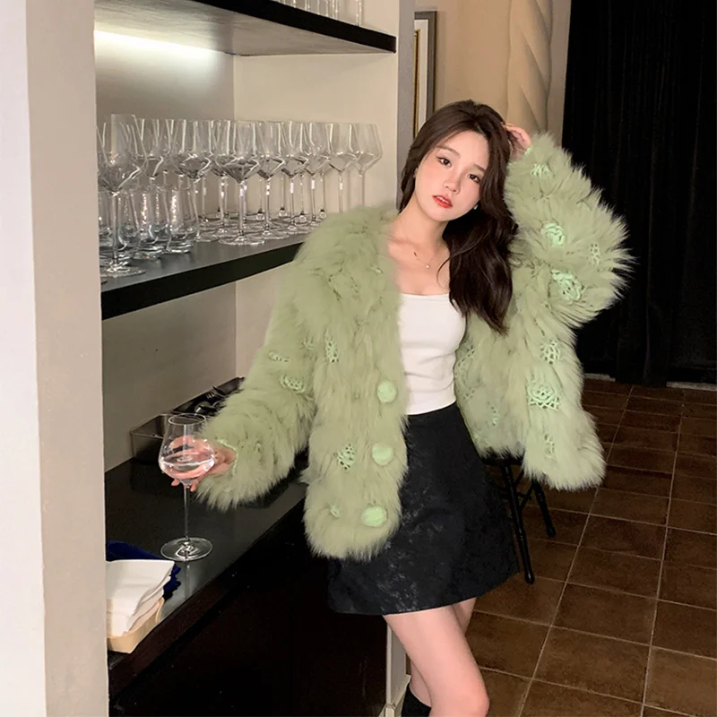 

Женская шуба из натурального Лисьего меха, зимняя теплая однобортная Шуба в корейском ретро-стиле средней и длинной вязки с цветами на крючках, 2023