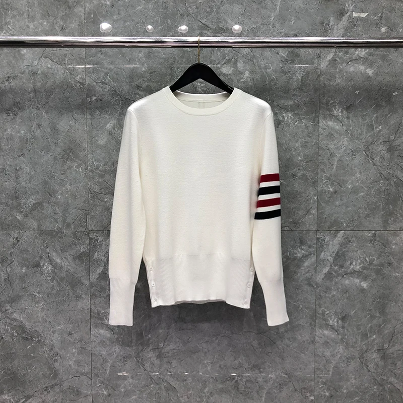 

TB THOM Sweater Autunm Winter Sweater Male Fashion Brand Classic Wool Red And Navy 4-Bar Milano Stitch Crewneck Pollover Coat