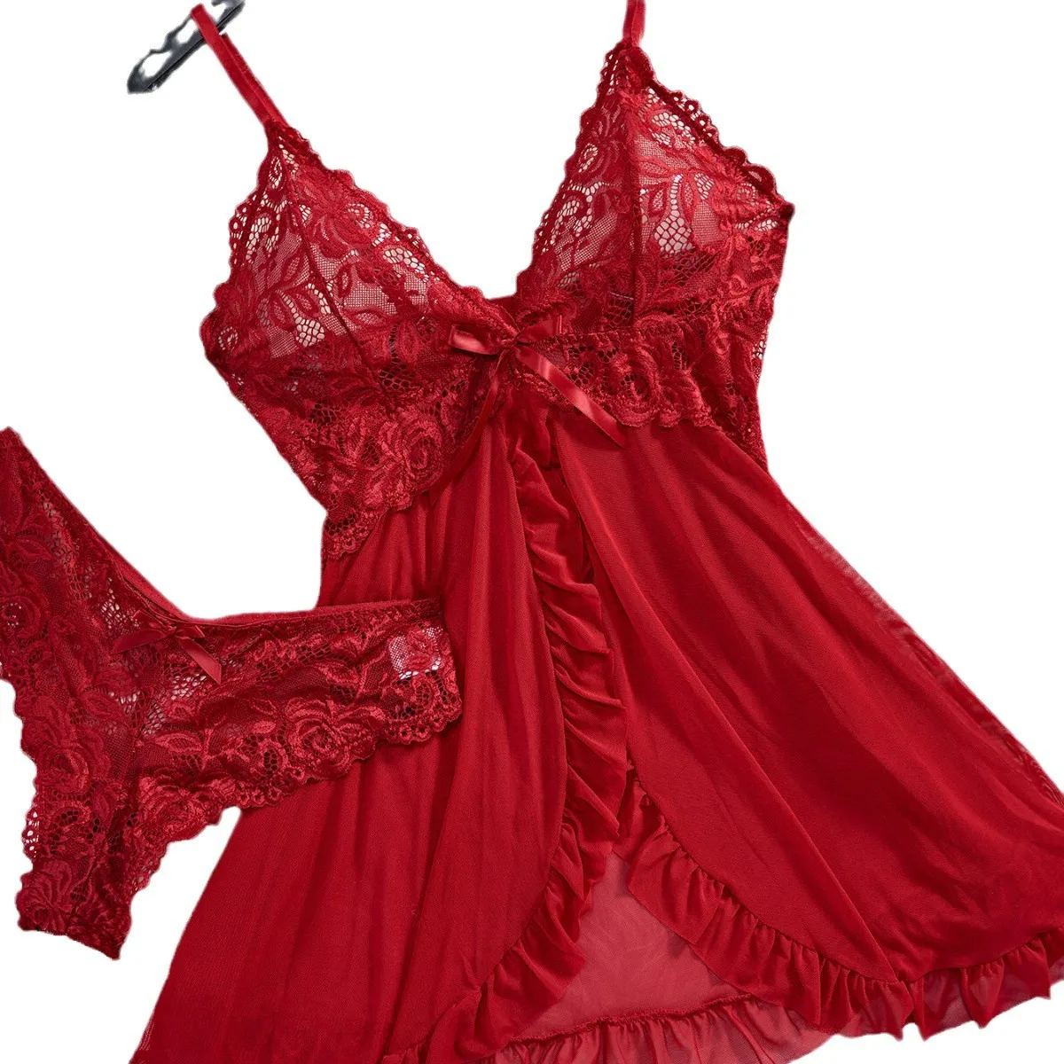 ALLTOOALL M-3XL Women Lace Transparent Sleepwear Underwear Set Sexy Red Nightdress Pijamas Sets With Panty Female Nighty Clothes