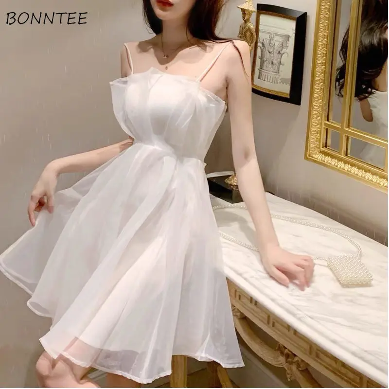 Sleeveless Dresses Women Tunic White Temperament Korean Sweet Style Fashion Summer Spaghetti Straps Party All-match Daily Solid