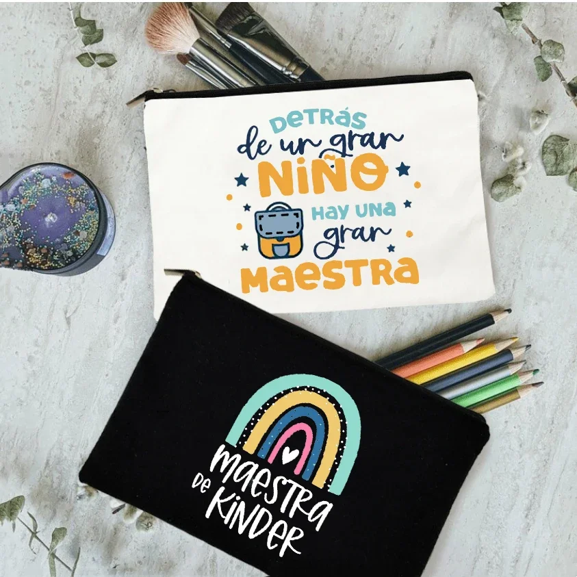 

Rainbow Teacher Spanish Printed School Stationery Supplies Storage Bags Travel Wash Pouch Makeup Bag Gifts Teacher Pencil Cases