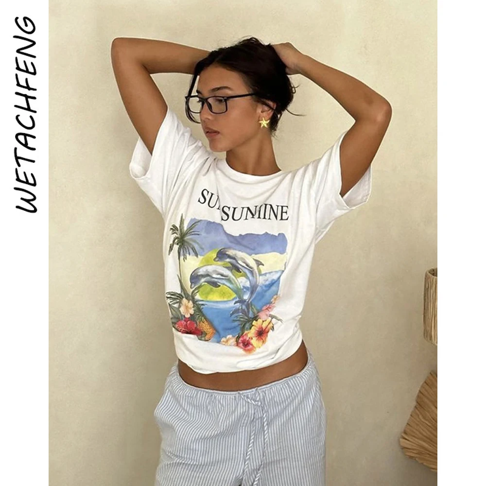 

Summer Women Letter T Shirts O Neck Loose Dolphin Printed White Short Sleeve 2024 Streetwear Y2K Causal Tshirts Soft Clothing
