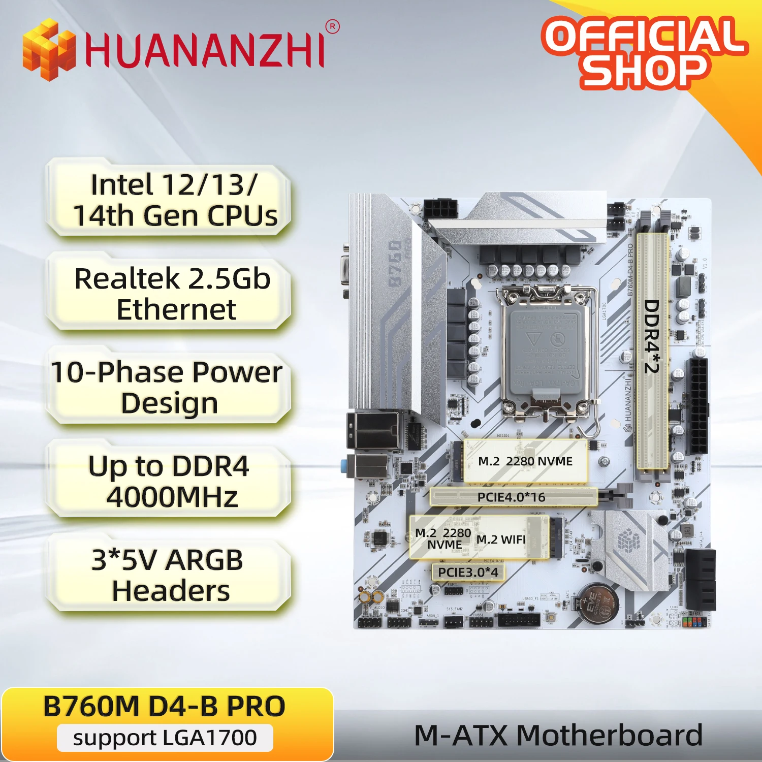 HUANANZHI B760M D4 M-ATX DDR4 Motherboard Support 12 13 Gen B760 Intel LGA 1700 CPU 12100F 12400F 12490F 12700F 13600F 5V ARGB