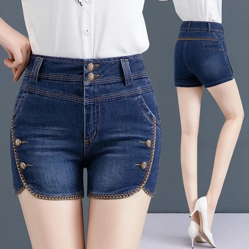 

2024 New Womens Summer Jeans Short Pants Female High-waisted Elasticity Slim Laced Denim Shorts Korean Lady Casual Pants Jeans