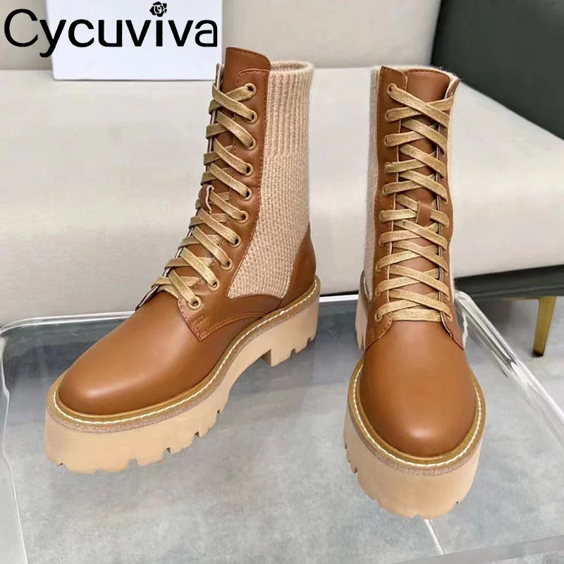 

Cow Leather Patchwork Wool Knitted Short Boots Women Thick Sole Designer Ankle Boots Winter Platform Shoes Motorcycle Boot Women