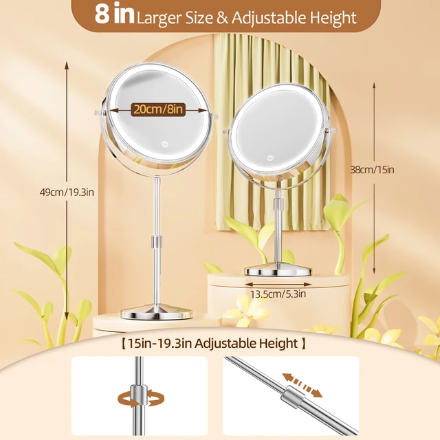 Miroir de maquillage debout avec lampe lumineuse, luminosité réglable, grossissement 10X, 3 lumières pour documents, recommandé, miroir cosmétique, 8 po 2