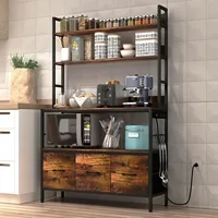 5-Tier Free Standing Bakers Rack with Power Outlet, Metal Kitchen Storage Shelf Organizer with Hooks and Baskets, Industrial Mic 1