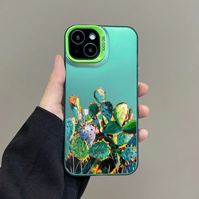 Niedliche Kaktus-Ölgemälde-Muster Handyhülle für iPhone 17 16 12 11 Pro Max 15 14 13 Pro Max Mini 15 Plus Stoßfeste Laser-Schutzhüllen – Detail 2