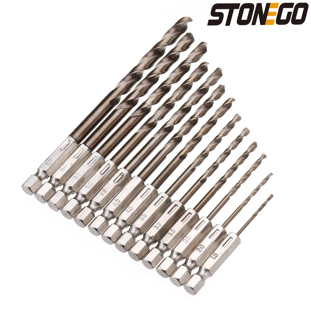 STONEGO 13 pz 1.5-6.5mm M35 cobalto punta da trapano HSS-Co Twist Drill Bit Set 1/4 pollici codolo esagonale