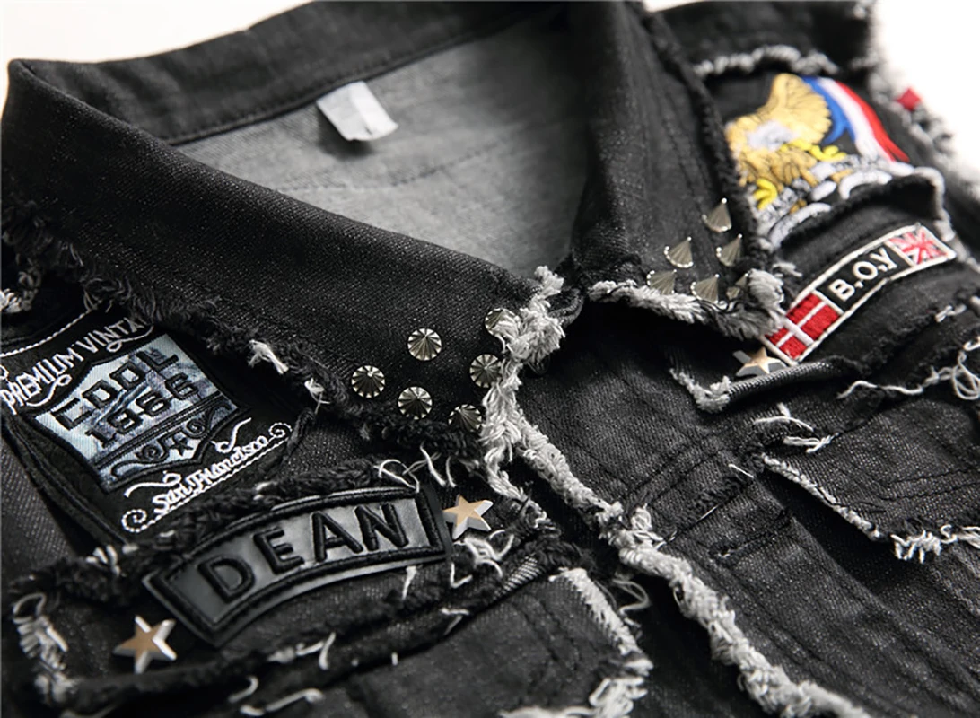 2024 New Punk Style Outerwear Men's Black Embroidered Denim Cardigan Youth Pop Street Style Lapel Men's Casual Vest 4