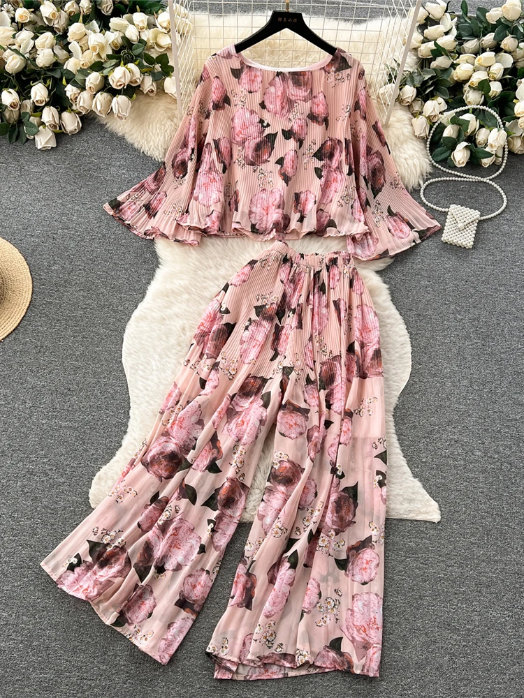 Autumn Women Draped Two Piece Set Bohemian Female Floral Pleated Short Blouse + High Waist Wide Leg Pants Chiffon Suit 2Pcs New