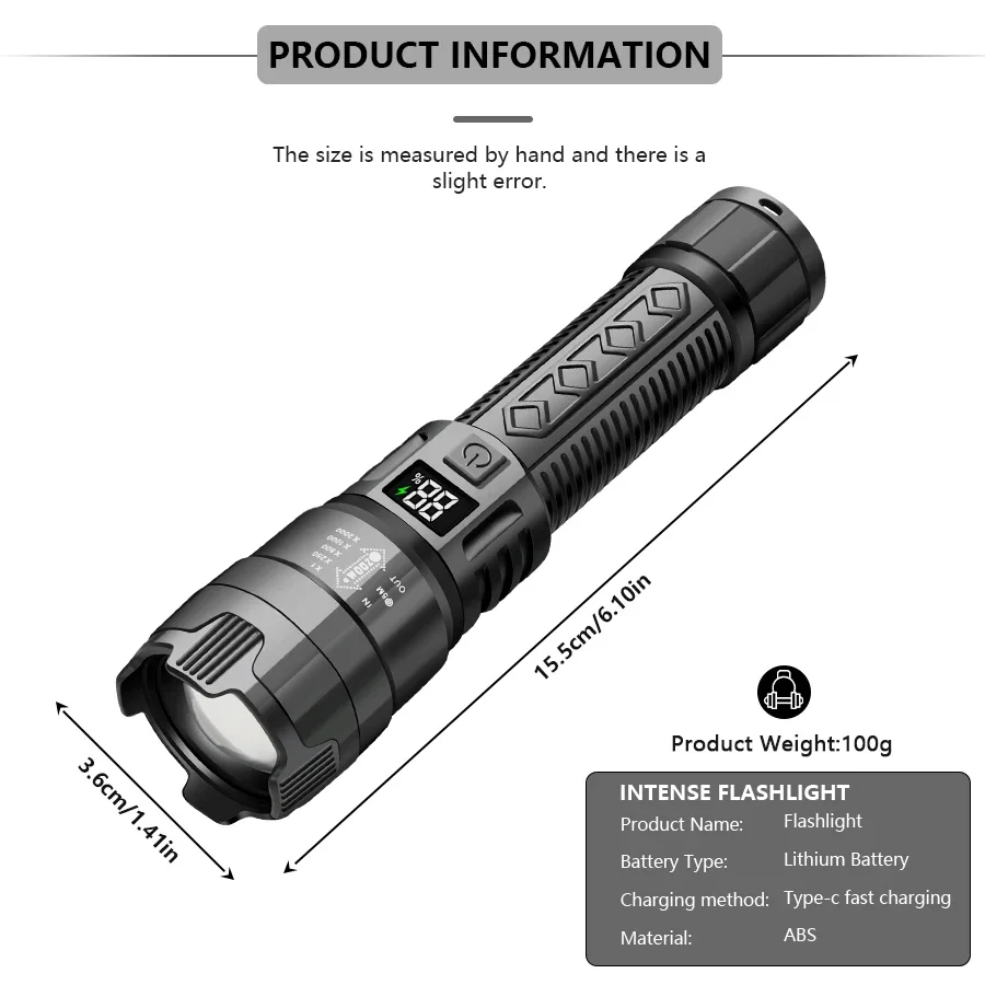 Description Picture 2 of itemHigh Strong Power Led Flashlights 2000LM Tactical Torch with Display Light USB Charging Camping Fishing Emergency Zoom Lantern