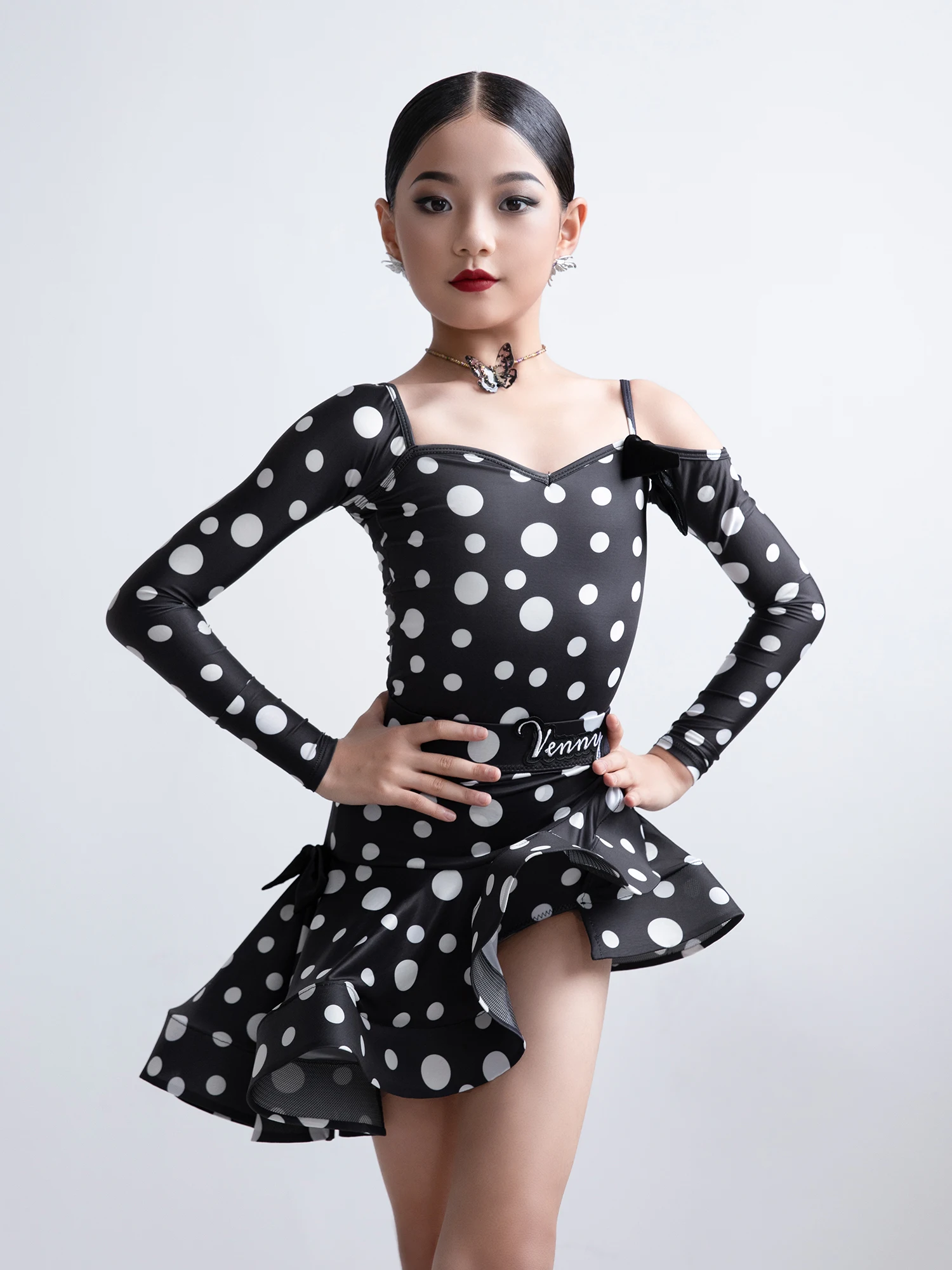 

VENNY Latin dance dress for girls and children new long-sleeved professional polka dot dance dress separate body training dress