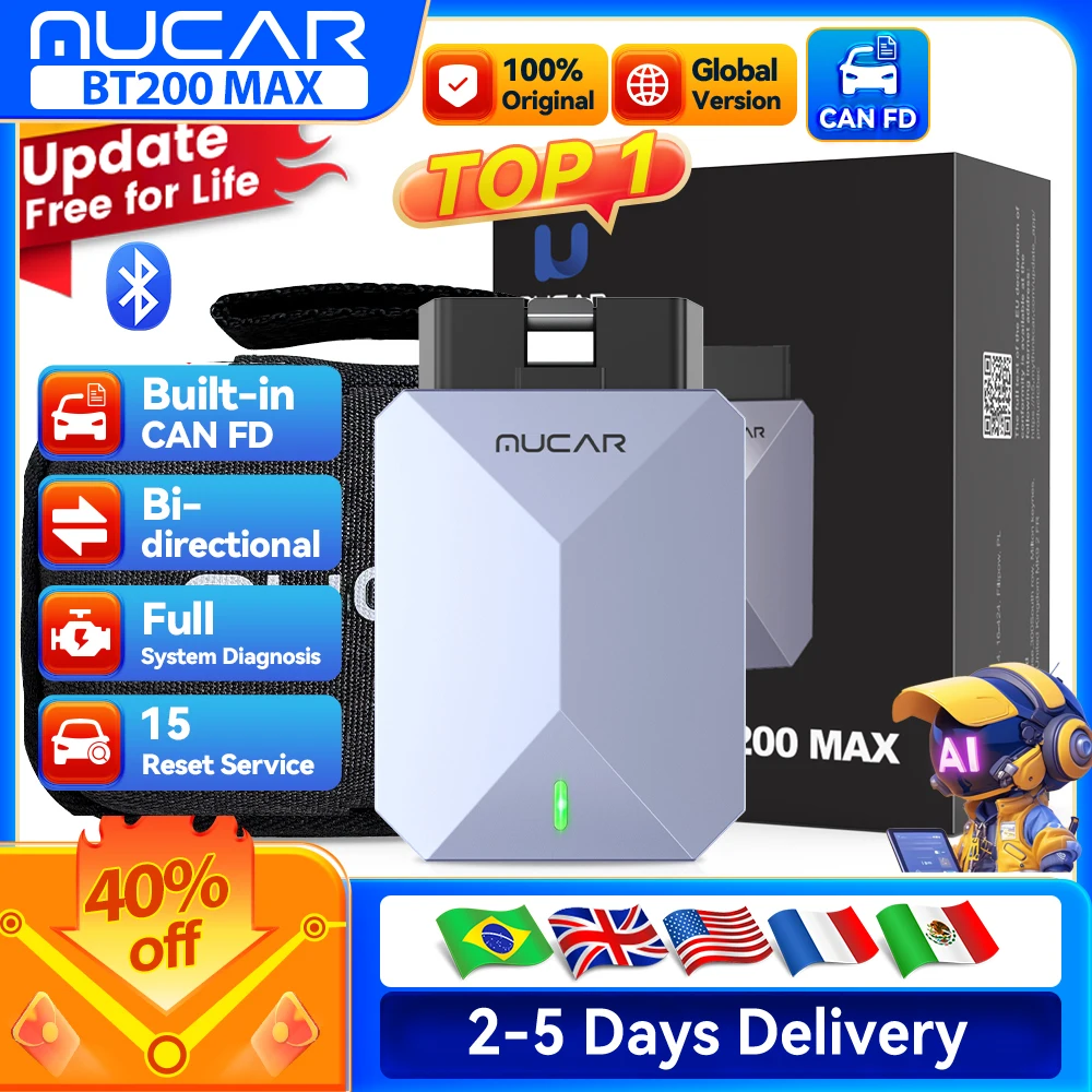 Lifetime Free Update MUCAR BT200 Max OBD2 Scanner CAN FD Bi-Directional Control All System Diagnostic Tool 15 Reset for All Cars