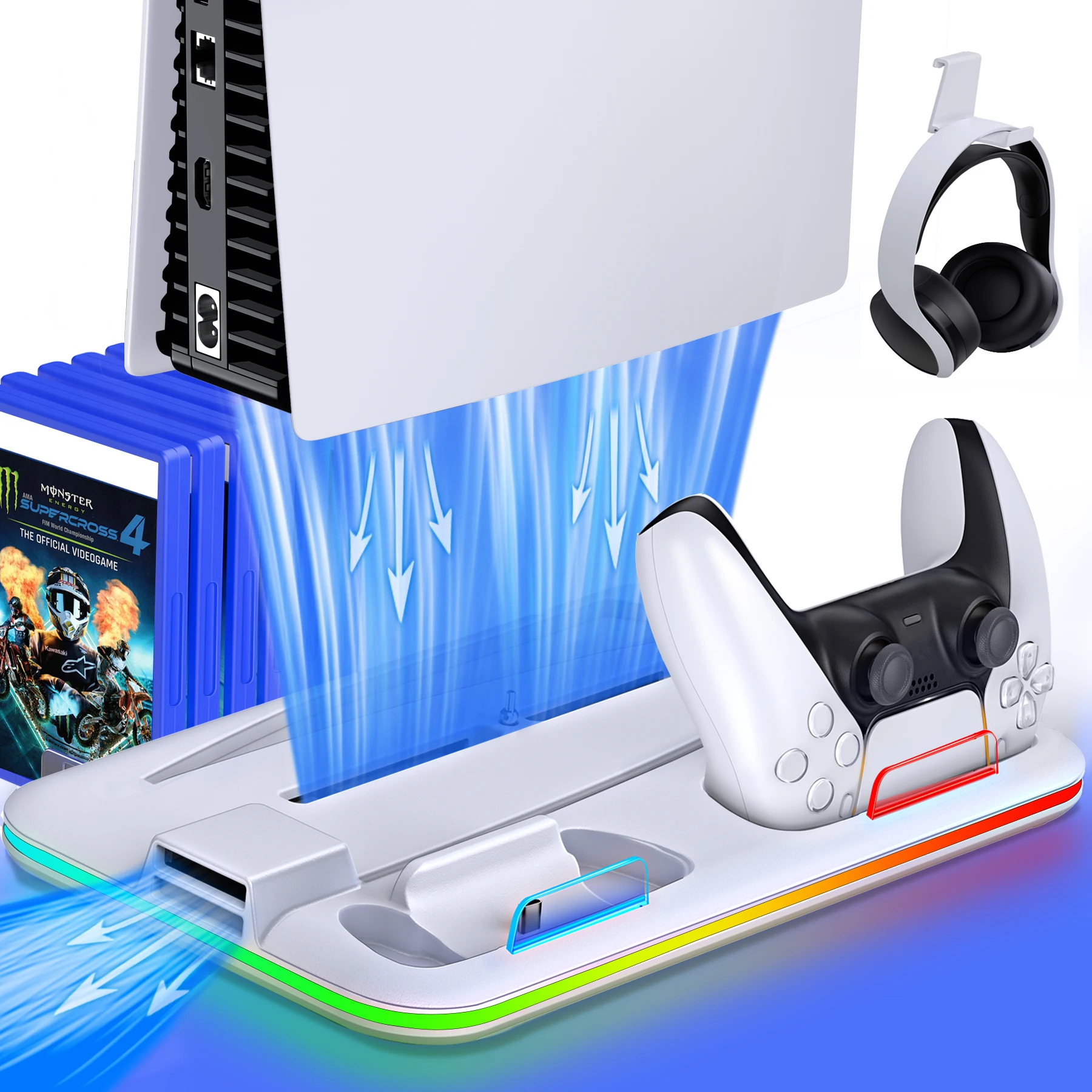 Per Supporto Ps5 Con Ventola Di Raffreddamento Rgb Light Dual Fast Controller Stazione Di Ricarica Per Console Ps5 Digital/Disc Per Accessori Ps5