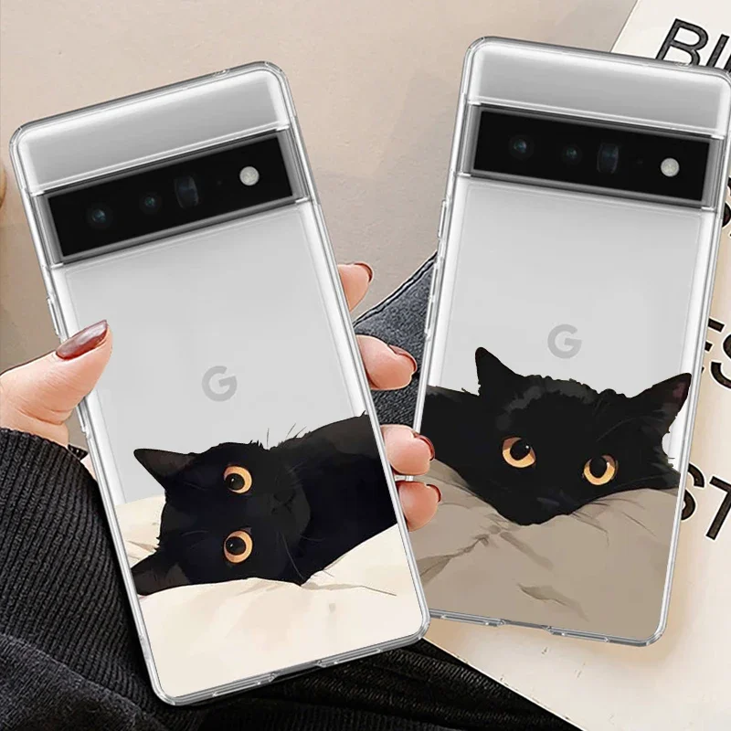 Cute Cartoon Black Cat Couple Transparent Soft Phone Case with Animal Pattern