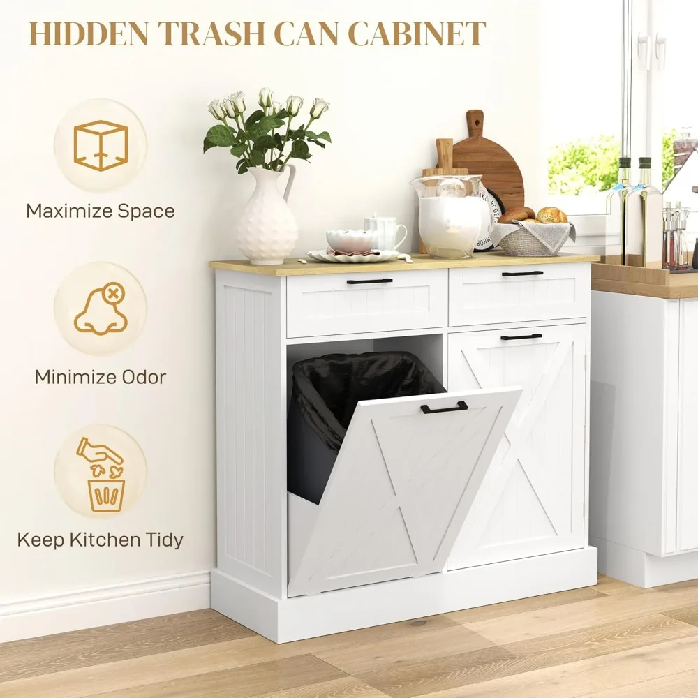 Tilt Out Trash Can Cabinet, 10 Gallon Farmhouse Kitchen Cabinet with Hidden Trash Can and 2 Drawers for Laundry Room, Pantry 4