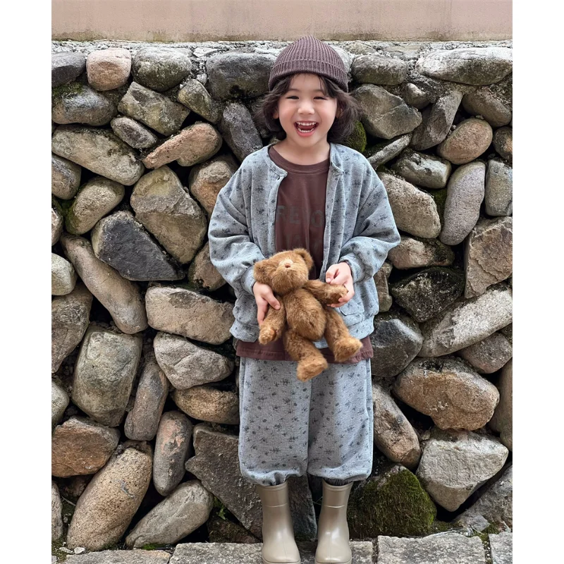 

Children Floral Set 2023 Spring Autumn Korean Styles Boys and Girls Floral Two Piece Suit Single Breasted Cardigan Pants Set